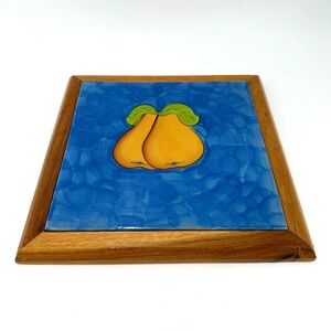 Vintage Pear Tile Trivet in Wood Frame - Handpainted Style Kitchen Fruit Decor